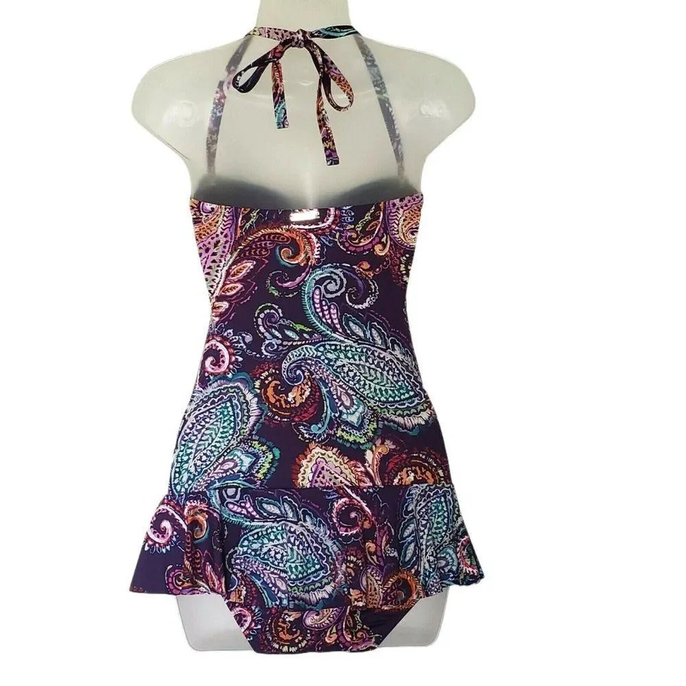 Ralph Lauren‎ Purple Captiva Paisley One Piece Swimsuit Underwire Beach NEW $142